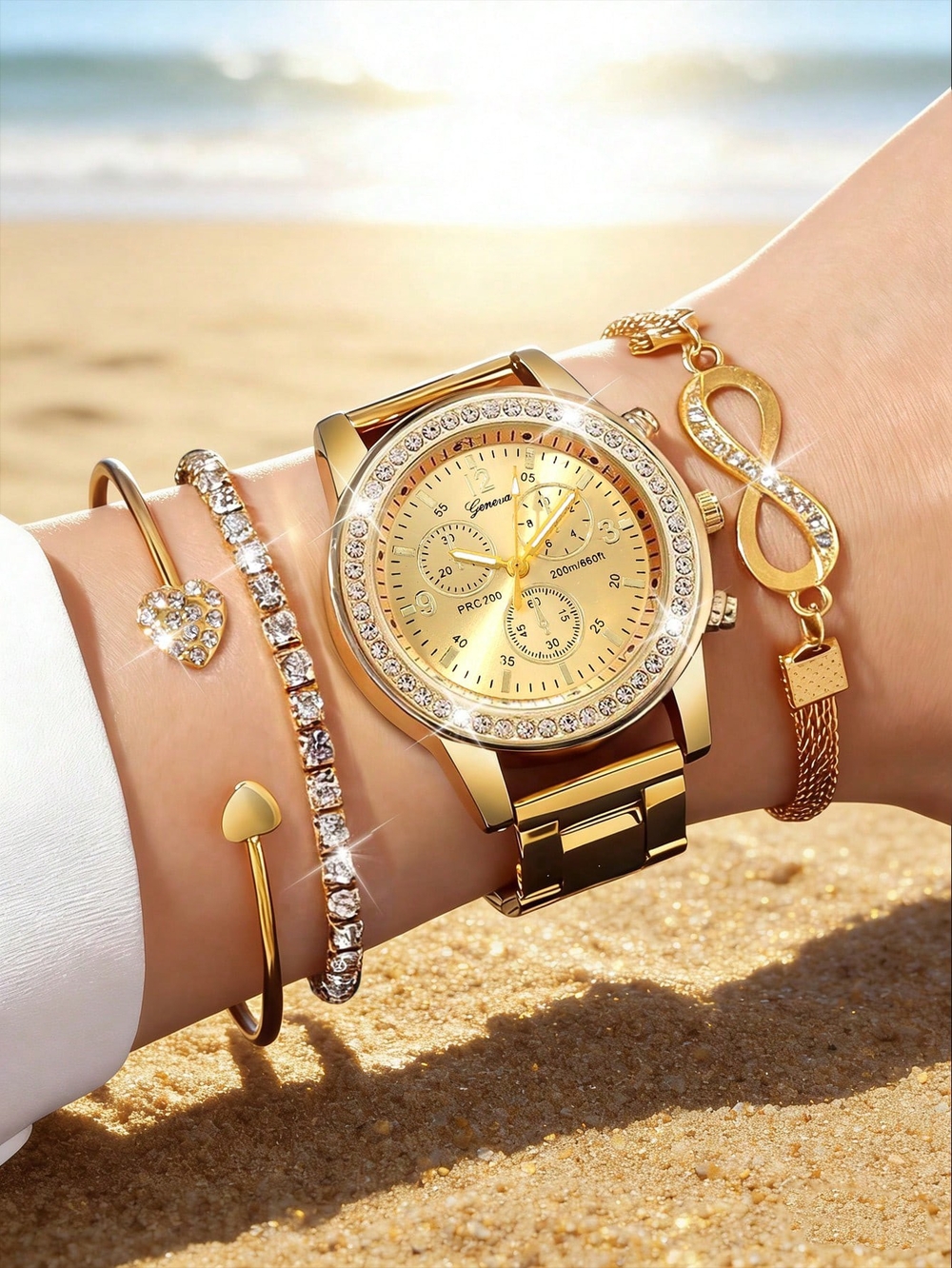 Gold Crystal-Accent Women's Watch and Bracelet Set - Fashion Jewelry.